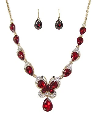 Sparkling Red Crystal Butterfly Statement Necklace and Earring Set - NEW - Image 1 of 4