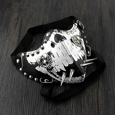 Mens White Skull Spike Punk Gothic Leather Mask Cosplay Biker Mask - Image 1 of 4