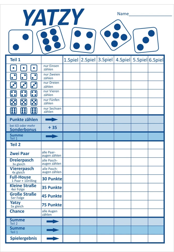 50er Spielblock für Yatzy Würfelspiel Pasch Schreibblock Notizblock Ersatzblock - Bild 1 von 1