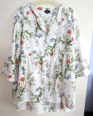 Jones NY Linen Blend Button up White Floral Roll Tab Boho Top Blouse 1X Plus - Image 1 of 4