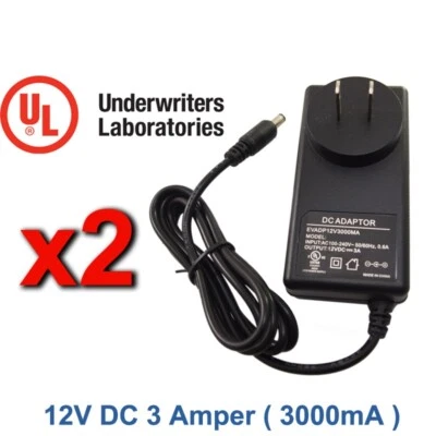 2 Pcs 12V DC 3A 3000mA Power Supply Adapter Wall Charger for 12V Electronics - Image 1 of 4