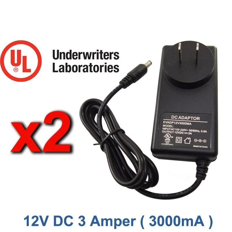2 Pcs 12V DC 3A 3000mA Power Supply Adapter Wall Charger for 12V Electronics - Image 1 of 4