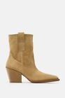 Zara Split Suede Heeled Pointed Toe Ankle Cowboy Boots Sand Brown Size UK 5 EU38
