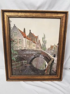 Framed Willem Alexander Knip Oil on Canvas Painting " Bridge, People, and Build" - Picture 1 of 9