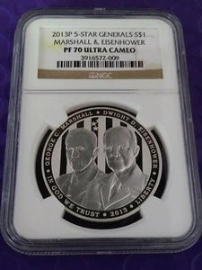 2013 5 STAR GENERALS MARSHALL & EISENHOWER $1 DOLLAR PF 70 ULTRA CAMEO - Picture 1 of 2