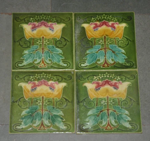 4 Pc Vintage Colorful Flower Embossed Decorative Art Ceramic Tiles , England Cover