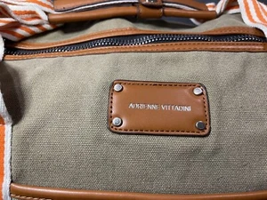 ADRIENNE VITTADINI Tan/Beige Canvas Duffle Bag Trim Orange strip Carry On - Picture 1 of 23