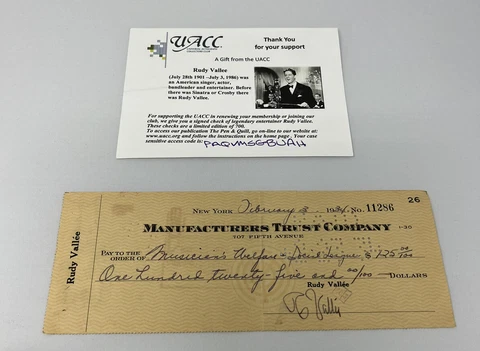 1934 Rudy Vallee Signed Check Singer Radio Host Americana Autograph Cover