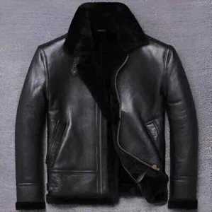 Men's B3 RAF Flight Bomber Aviator Real Sheepskin Leather Jacket Shearling Black - Picture 1 of 3