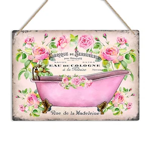 French Vintage Shabby Chic Bathtub Metal Sign Retro Style Bathroom Wall Plaque - Picture 1 of 17