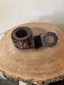 Lucky Brand Brown Embroidered Brass Bohemian Leather Belt Small - Damaged - Picture 1 of 17
