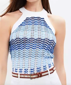 NEW LOFT ANN TAYLOR BLUE WHITE TEXTURED STRIPE HALTER SWEATER TOP SIZE XS - Picture 1 of 6