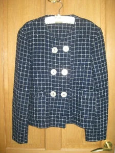 Ladies' Handmade Wool Navy Blue Check Bouclé Jacket Pockets Collarless Medium - Picture 1 of 4