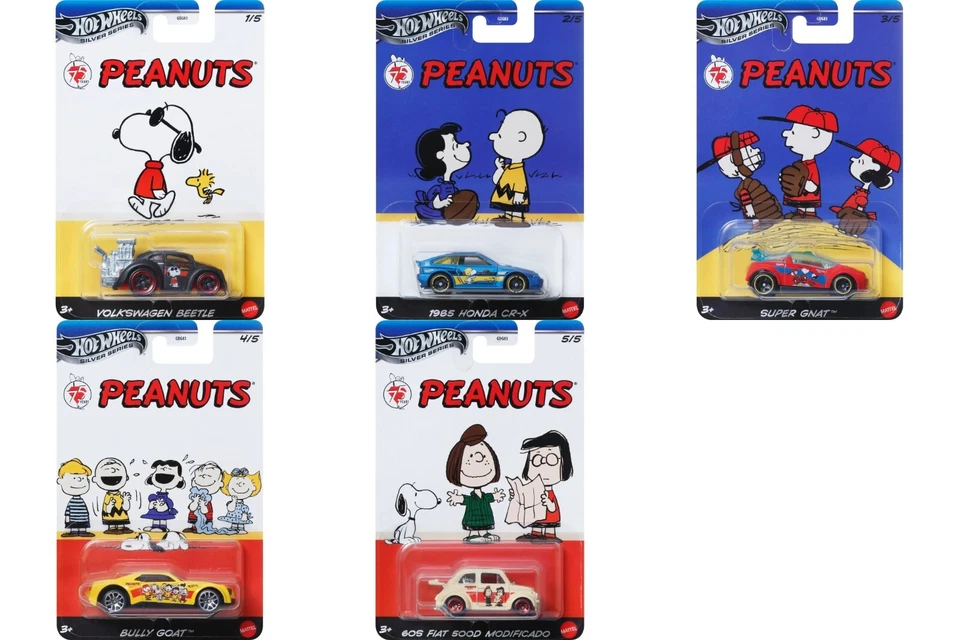 2024 HOT WHEELS SILVER SERIES 75 YEARS PEANUTS DIE CAST CARS 1:64 SET 5 COLLECT - Image 1 of 1
