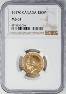 1917C Canada Gold 1 Sovereign 1Sov MS61 NGC 950370-8 - Picture 1 of 5