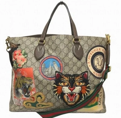 GUCCI Courier 474085 2way Tote Bag Shoulder Bag Tiger Cat GG Supreme x Leather  - Image 1 of 4