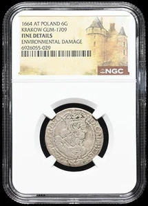 POLAND. Jan of Casimir, 1648-1668, Silver 6 Groschen, 1664, NGC Fine - Picture 1 of 2