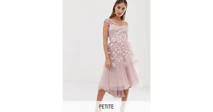 Chi Chi London Petite One Shoulder Mini Skater Dress with Floral Appliqué - Picture 1 of 8