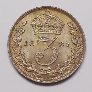 Great Britain 1887 SILVER 3 Pence CH AU-UNC Gorgeous HIGH Grade Victoria UK Coin - Picture 1 of 2