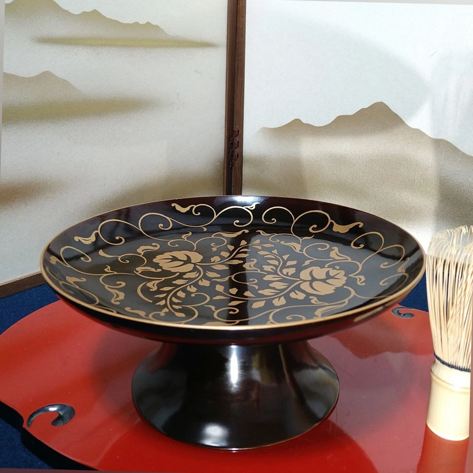 Japanese Lacquer Wooden Candy Plate 8.27inch Footed Sweet Dish Gold ivy Motif - Image 1 of 4