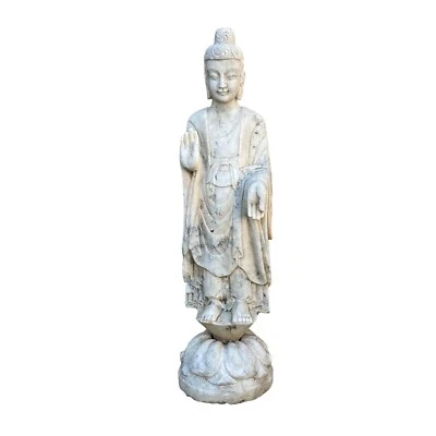 Chinese White Gray Marble Stone Standing Abhaya Mudra Buddha Statue cs7224 - Image 1 of 4