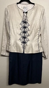 Silk Asian Syle 2- Piece Suit Ivory And Navy  Size 6 Petite - Picture 1 of 9