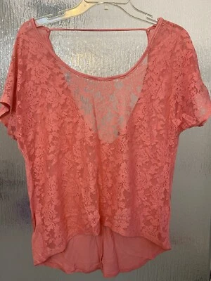 NEW Full Tilt Juniors Size Large Coral Floral Lace Top Blouse Boxy Tilly’s - Image 1 of 4