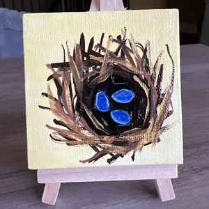 Pájaro, nido, primavera, Pascua, original, pintura en miniatura, pequeño, mini, - Imagen 1 de 11