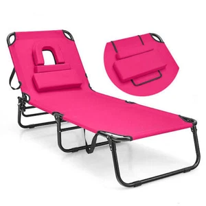 Beach Chaise Lounge Chair with Face Hole and Removable Pillow-Pink - Color: Pink - Picture 1 of 5
