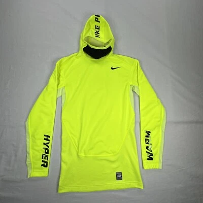 Nike S Hyper Warm Hoodie Shirt Volt Neon Yellow Face Mask 559564-702 Pro Combat - Image 1 of 4