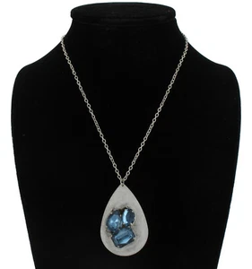Large Blue Rhinestone Silver Tone Teardrop Pendant Necklace - Picture 1 of 4