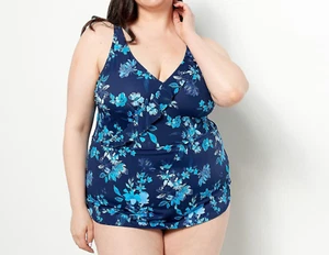 Vestido de baño Denim & Co. Beach con volantes y cuello en V azul marino floral, regular 12 - Imagen 1 de 1