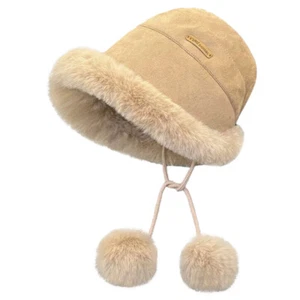Women Faux Suede Bucket Bobble Beanie Hat Pom Ball Cossack Russian Warm - Picture 1 of 17