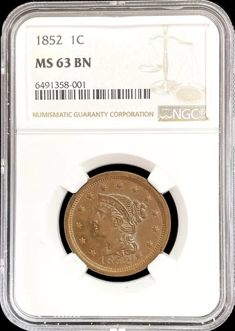 1852 USA COPPER LARGE CENT 1C BRAIDED HAIR COIN NGC MINT STATE 63 BN Cover