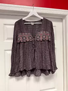 O’Neill Purple Boho Embroidered Tie Front Top sz L - Picture 1 of 8