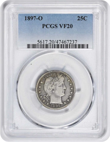 1897-O Barber Silver Quarter VF20 PCGS Cover