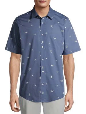 Blue White Palm Poplin Dress Shirt Men S 34-36 Button Front Short Sleeve Pocket - Изображение 1 из 4