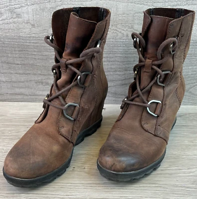 Sorel Botines Mujer 7 Marrón Cuero Con Cordones Cuña 3.5" Tacón Botas de Combate Zapatos Foto 1 de 4
