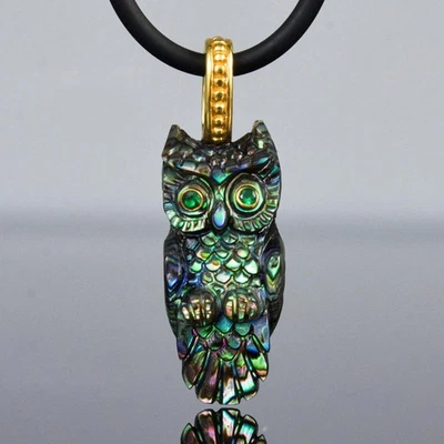 Eule Anhänger Geschnitzter Abalone-Muschel Gold Vermeil Silber Smaragd - Bild 1 von 4