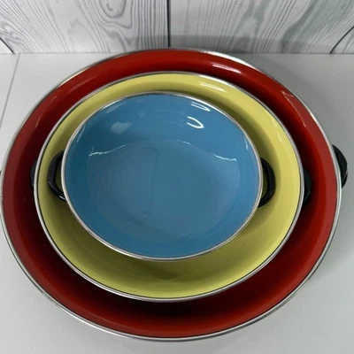 Conjunto de 3 panelas de esmalte vintage emo celje feitas na Iugoslávia vermelho amarelo azul - Imagem 1 de 4