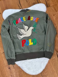 Polo Ralph Lauren Peace Love Bomber Jacket Mens Embroidered Green size M Medium - Picture 1 of 24
