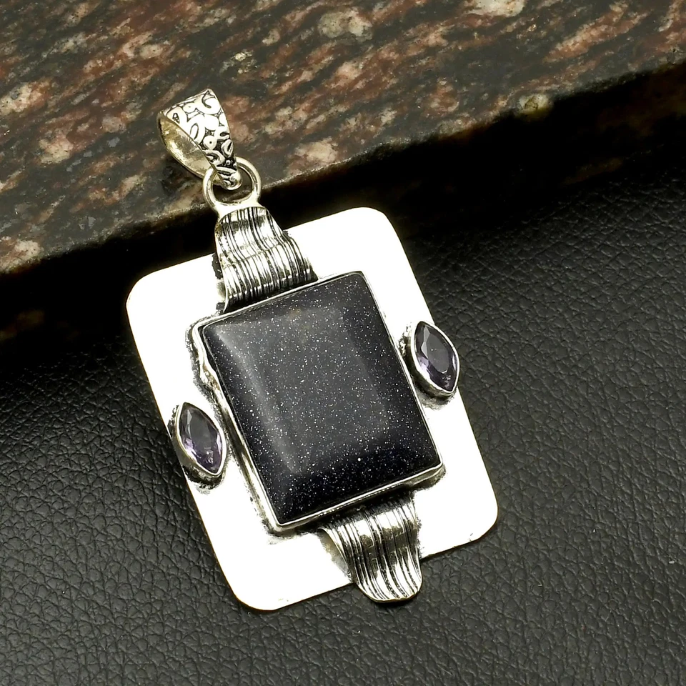 Piedra solar azul amatista piedras preciosas étnicas hechas a mano colgante joyería 2,4" AP-41507 Foto 1 de 1