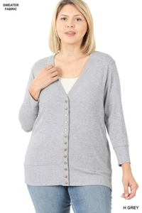 1X 2X 3X Snap Button 3/4 Quarter Sleeve Sweater Cardigan Ribbed Detail Neckline - Picture 1 of 13