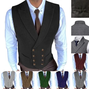 Hunting Men DoubleBreasted Tweed Waistcoat Herringbone Vest Wedding Wool Vintage - Picture 1 of 24