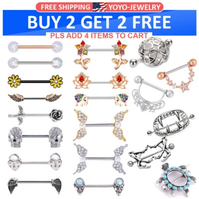 2Pcs Nipple Ring Shield Straight Tongue Barbell Surgical-Steel Body Piercing 14G - Image 1 of 4