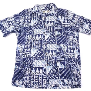 Camicia Aloha hawaiana due palme uomo M blu stampa tribale manica corta con bottoni - Foto 1 di 9