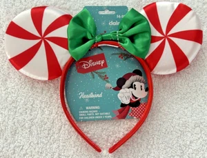 NWT Disney Minnie Mouse Ears Headband Christmas Peppermint Ears Green Bow OSFM - Picture 1 of 2