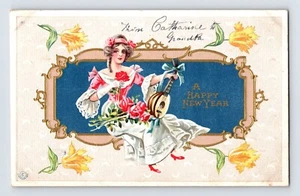 Postal Feliz Año Nuevo Mujer Bonita Laúd Años 1910 Sin Publicar Espalda Dividida - Imagen 1 de 2