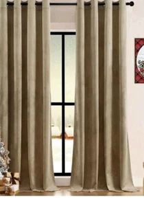 2X BLACKOUT KHAKI VELVET THICK SILVER GROMMET WINDOW CURTAIN DRAPES W/TIEBACKS - Picture 1 of 6