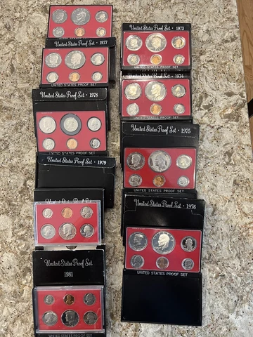 Lot of 9 1973-1981 Black Proof Sets Good/ Excellent Condition Cover